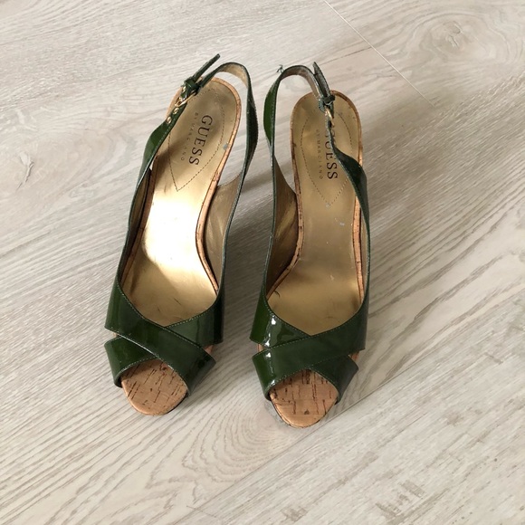 Guess by Marciano Green Leather High Heel Slingback Cork Heels - Picture 14 of 16